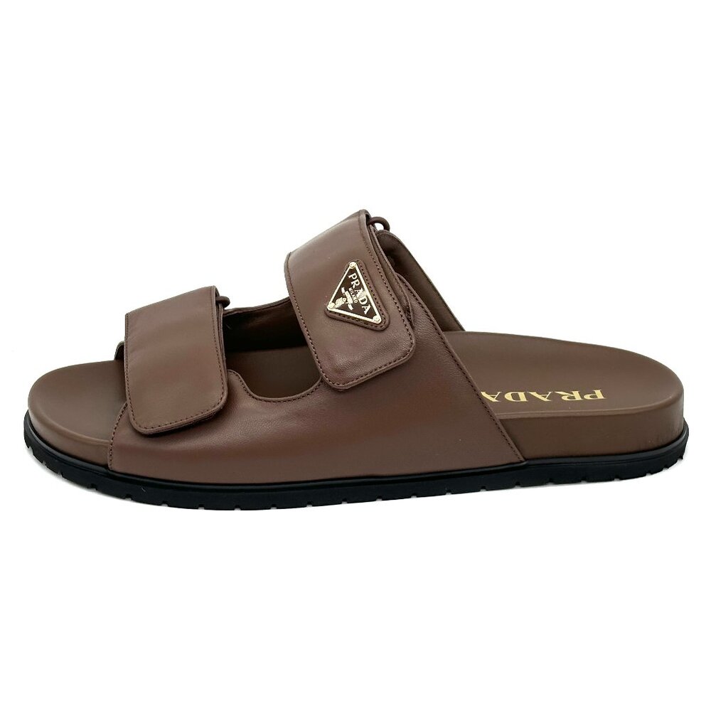 PRADA Triangle Logo Double Band Leather Flat Slide Dad Sandals Shoes Cacao - Picture 4 of 16